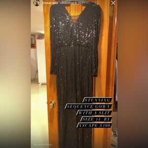 Xscape Black Sequin Long Sleeve V-Neck Gown
